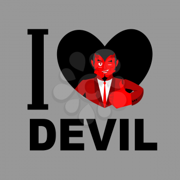 I love devil. Symbol of heart and demon with horns. Red Satan. Prince of darkness and underworld. Lucifer Boss. Religious and mythological character, supreme spirit of evil.