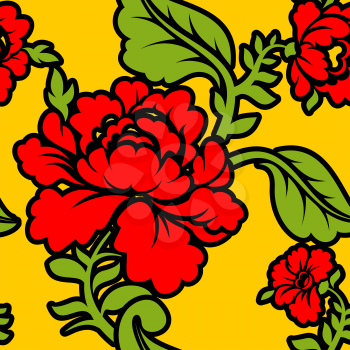 Khokhloma Russian national seamless pattern. Historic Cultural Decorative seamless design. Traditional Folk Ornament in Russia. Red flowers on gold yellow background. Patriotic Flower texture