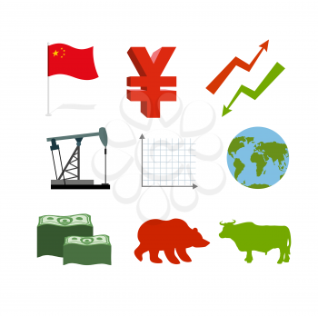 Set of business graphics. Set inografika Chinese market. Collection of icons for stock traders. Arrow green and red. Oil derrick. Barrel of oil. Chinese money Yen. USA currency dollars. Much money. Pl