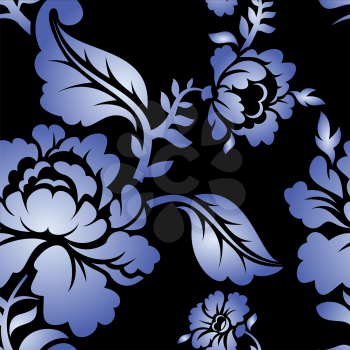 Gzhel Russian national seamless pattern. Traditional Russian retro ornament. Blue flowers on black background. vintage Patriotic Flower texture