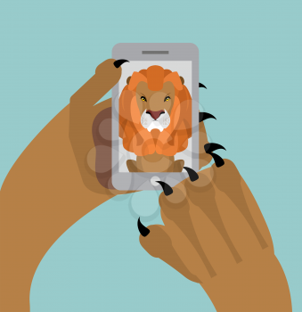 Leo selfie. Lion photographed themselves on phone. Angry wild animal and smartphone
