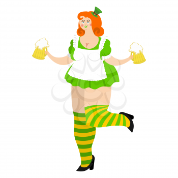 Leprechaun girl with red hair and beer. Beautiful woman in green hat. St.Patrick 's Day. Holiday in Ireland