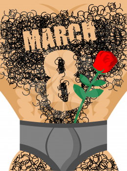 March 8. Red rose and Male hairy torso. Epilation number eight. Men's gift for International Women's Day.