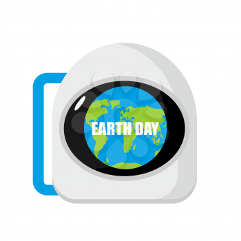 Earth Day. Helmet astronaut and planet reflected. cosmonaut cap

