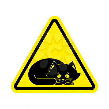 Attention Sleeping cat. Caution pet. yellow triangle road sign
