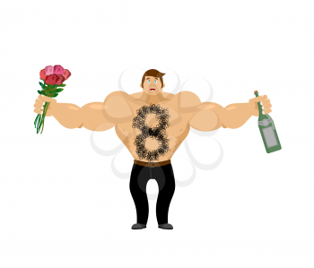 March 8. Brutal macho congratulate. bottle of wine and bouquet of roses. Male torso with hair. Epilation figure eight. Men's gift for International Women's Day.