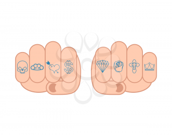 Fist with tattoos on fingers. Skull and brass knuckles. Heart and dollar. Brilliant and rose. Cross and Crown