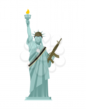 Statue of Liberty Military helmet and weapon. USA army. Machine-gun belts. Martial law.
