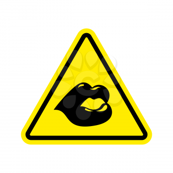 Attention kisses. Lips on yellow triangle. Road sign Caution
