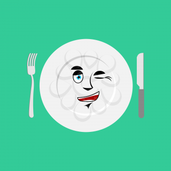 Plate winks Emoji. Empty dish isolated cheerful emotion
