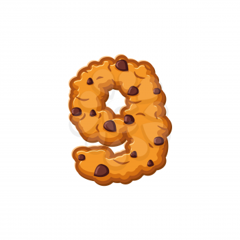 Number 9 cookies font. Oatmeal biscuit alphabet symbol nine. Food sign ABC
