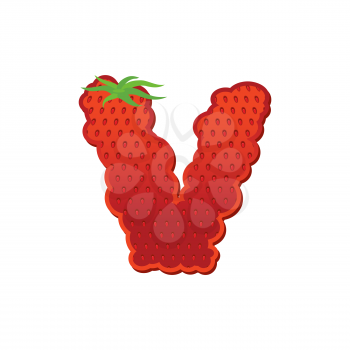Letter V Strawberry font. Red Berry lettering alphabet. Fruits ABC
