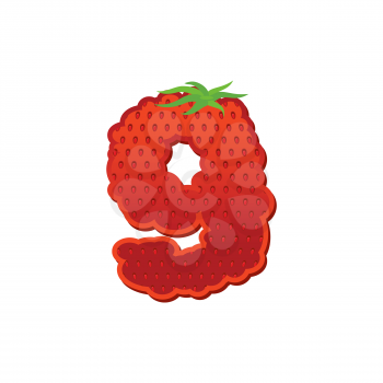Number 9 Strawberry font. Red Berry lettering nine alphabet. Fruits ABC
