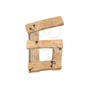 Number 6 wood board font. Six symbol plank and nails alphabet. Lettering of boards. Country chipboard ABC