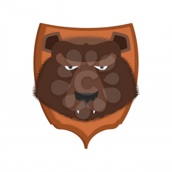 Bear hunter trophy. Grizzly head on shield. Scarecrow wild beast
