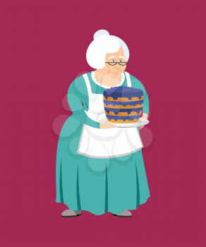 Grandmother with pie. grandma and blueberry cake. Elderly woman
