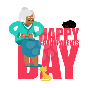 Grandparents Day. Day of grandmother and grandfather. grandma with cat. Holiday of an elderly person. Pet and old man
