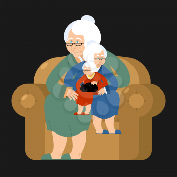 Grandmother recursion sits on chair. grandma Repetition. Old woman and cat
