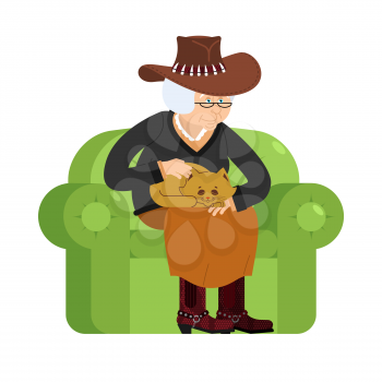 western Grandmother cowboy and cat sitting on chair. Texan granny cat lady. grandma in Texas and pet. old woman in Hat and animal. gammer in Boots and Beast
