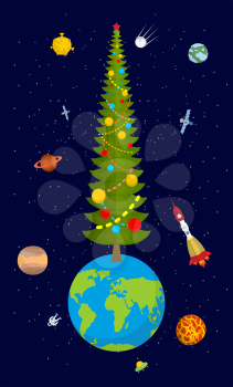 Christmas on Earth. New year on planet. big Christmas tree. huge spruce. Large fir. Xmas Vector Illustration