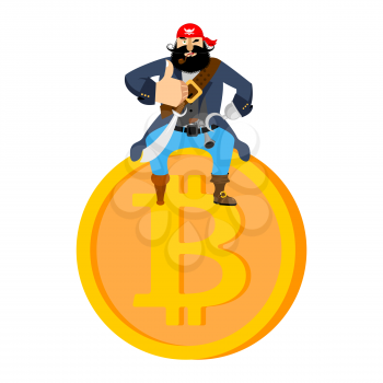 Bitcoin and pirate. filibuster on web coin. illegal extraction of virtual money. illicit circulation of crypto currency. Vector illustration