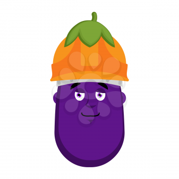 Eggplant builder in protective helmet emoji avatar. Vector illustration