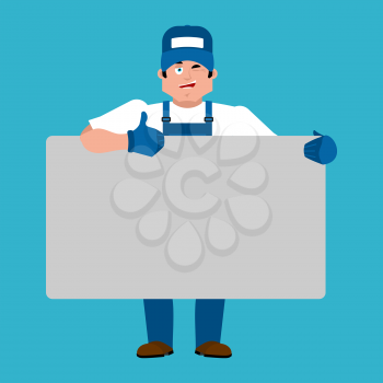 Plumber holding banner blank. Fitter and white blank. Serviceman joyful emotion. place for text. Vector illustration
