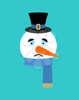 Snowman sad emotion avatar. Snowman sorrowful emoji face. New Year and Christmas vector illustration