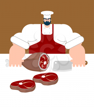 Butcher. Chef and knife for meat. Steak House cook. Vector illustration