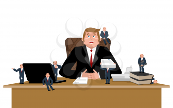 Boss and helpers. Businessman and Business Consultant. Boss desk. Office vector illustration
