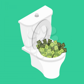 Money in toilet.. Wash off cash in wc. Vector illustration
