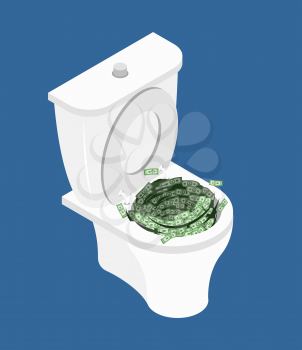 Money in toilet.. Wash off cash in wc. Vector illustration
