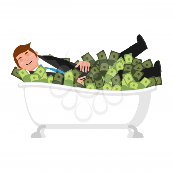 Happy businessman bath in money. bathe of cash. lucky financial