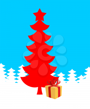 Red Christmas tree and gift. Illustration of new year. Vector Xmas
