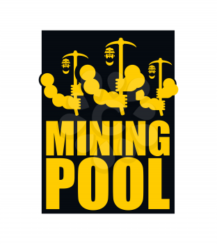 Mining pool logo. Extraction of Bitcoin Crypto Currencies. Worker with pickaxe. Vector illustration
