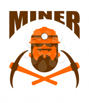 Miner logo. Mining Bitcoin Crypto Currencies. Worker with pickaxe. Vector illustration