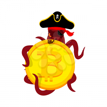 Octopus Web Pirate and bitcoin. Hacker. Thief and crypto currency. Steal virtual money. Vector illustration
