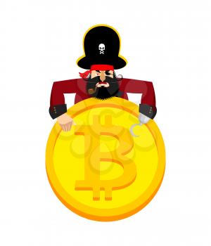Web Pirate and bitcoin. Hacker. Thief and crypto currency. Steal virtual money. Vector illustration
