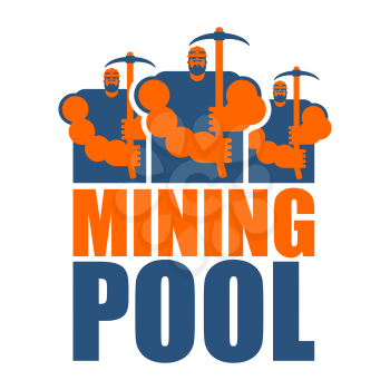 Mining pool logo. Extraction of Bitcoin Crypto Currencies. Worker with pickaxe. Vector illustration
