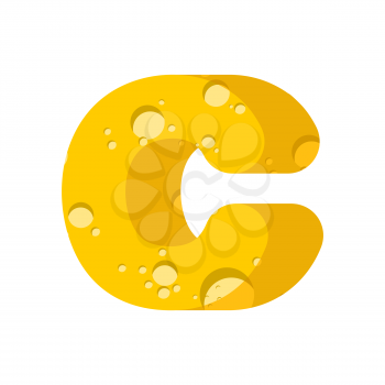 Letter C cheese font. Symbol of cheesy alphabet. Dairy Food type sign. Vector illustration
