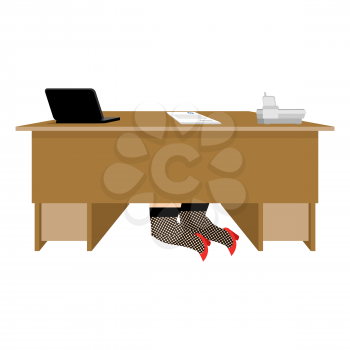 Prostitute under table. Whore is under office desk. Vector illustration
