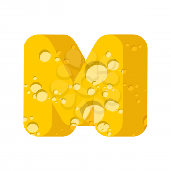 Letter M cheese font. Symbol of cheesy alphabet. Dairy Food type sign. Vector illustration
