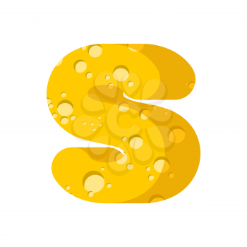 Letter S cheese font. Symbol of cheesy alphabet. Dairy Food type sign. Vector illustration
