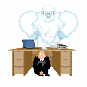 Businessman scared under table of yeti. To hide from to be eaten. frightened business man under work board. bigfoot . Boss fear office desk. Vector illustration