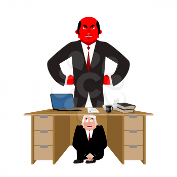 Businessman scared under table of angry Boss. deadline. frightened business man under work board.  Vector illustration
