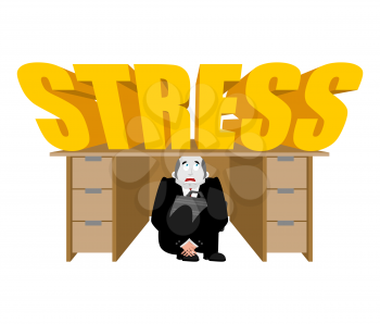 Businessman scared under table from stress. frightened boss under work board. Vector illustration