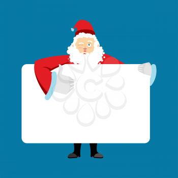 Santa Claus holding banner blank. Christmas grandfather and white blank. New Year granddad joyful emotion. place for text. Vector illustration
