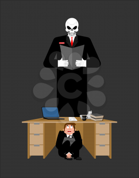 Businessman scared under table of creditor. frightened business man under work board. Boss fear office desk. To hide from repay debts. Vector illustration