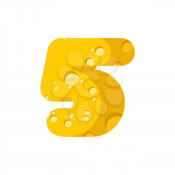 Figure 5 cheese font. numeral five of cheesy alphabet. Dairy Food type sign. Vector illustration