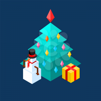 Snowman and Christmas tree isometric style. Christmas and New Year Vector illustration
